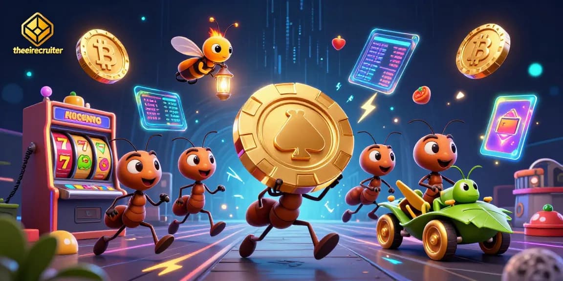 Theeirecruiter showcases ants stealing a giant poker chip with vibrant slot elements and crypto coins