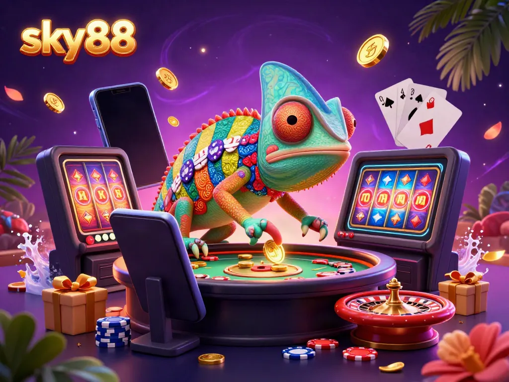 Experience the vibrant gaming action at sky88 with a lively chameleon casino owner in 3D art.
