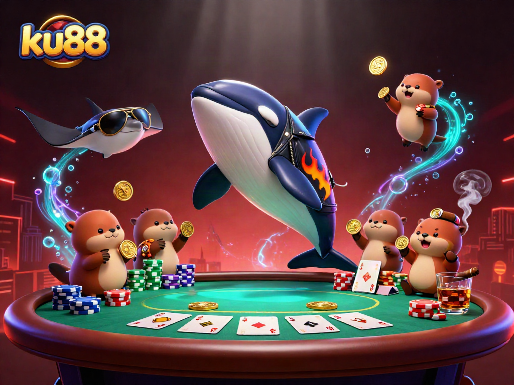 Engage with exciting play at ku88 featuring orca, stingray, and otters around casino elements.