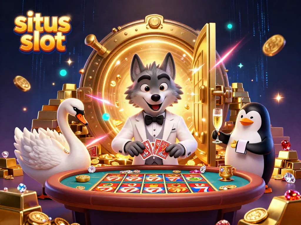 Engaging 3D scene of sites slot action featuring a debonair wolf and elegant swan amidst treasure vaults.