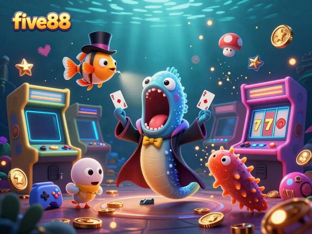 Experience the magic of five88 with a vibrant underwater casino scene featuring playful sea creatures.