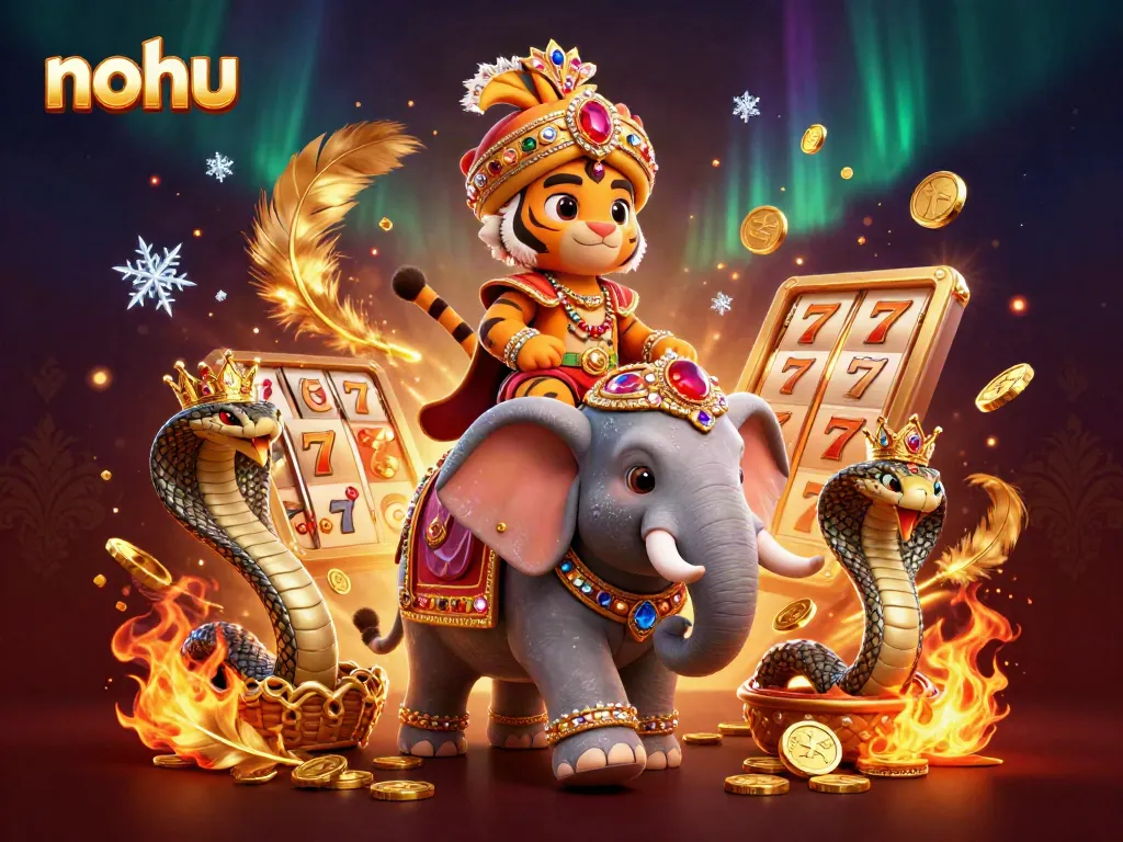 Experience an exciting world of nohu, where a majestic tiger rides an elephant in a vibrant casino scene.