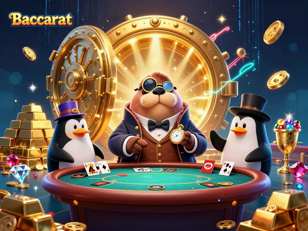 Baccarat scene with a jolly walrus and cartoon characters enjoying an underwater poker game.