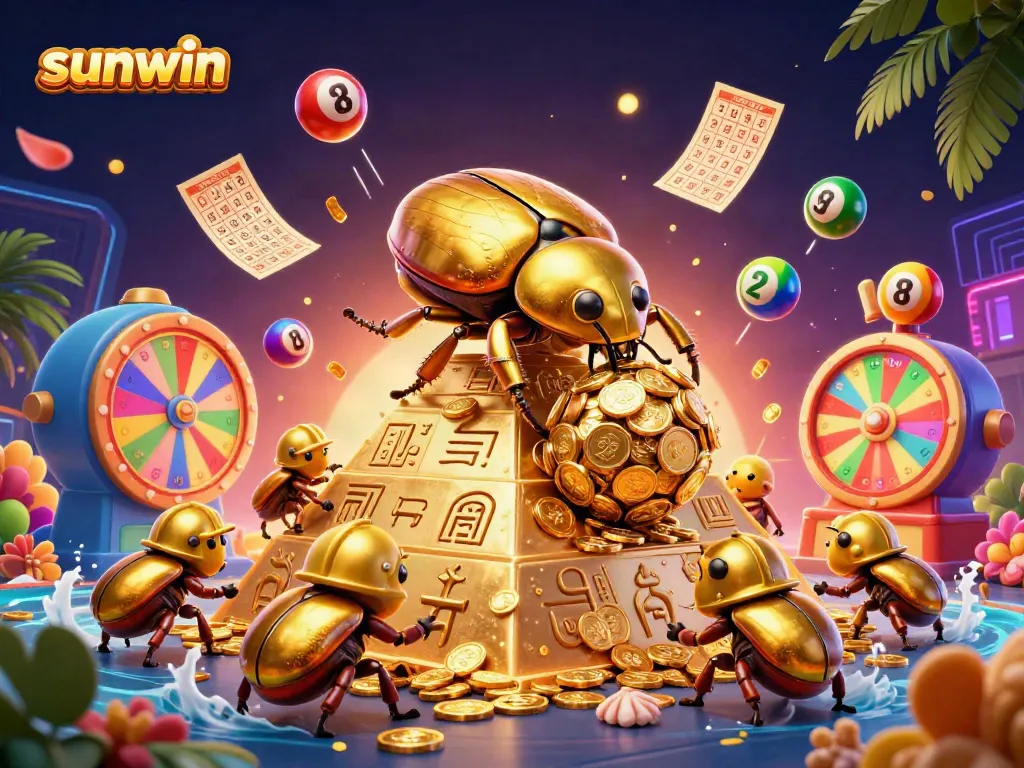 Spin to win with sunwin as a golden dung beetle rolls coins, enhancing your gaming experience.