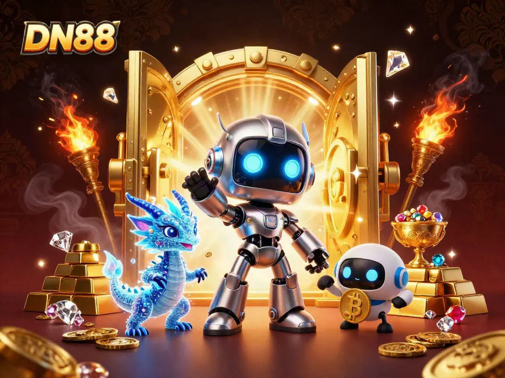 Experience the vibrant world of DN88 with a 3D casino scene featuring treasures and gaming characters.