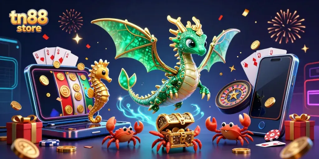 Play thrilling games at tn88 store, showcasing vibrant slot elements and a magical treasure scene.