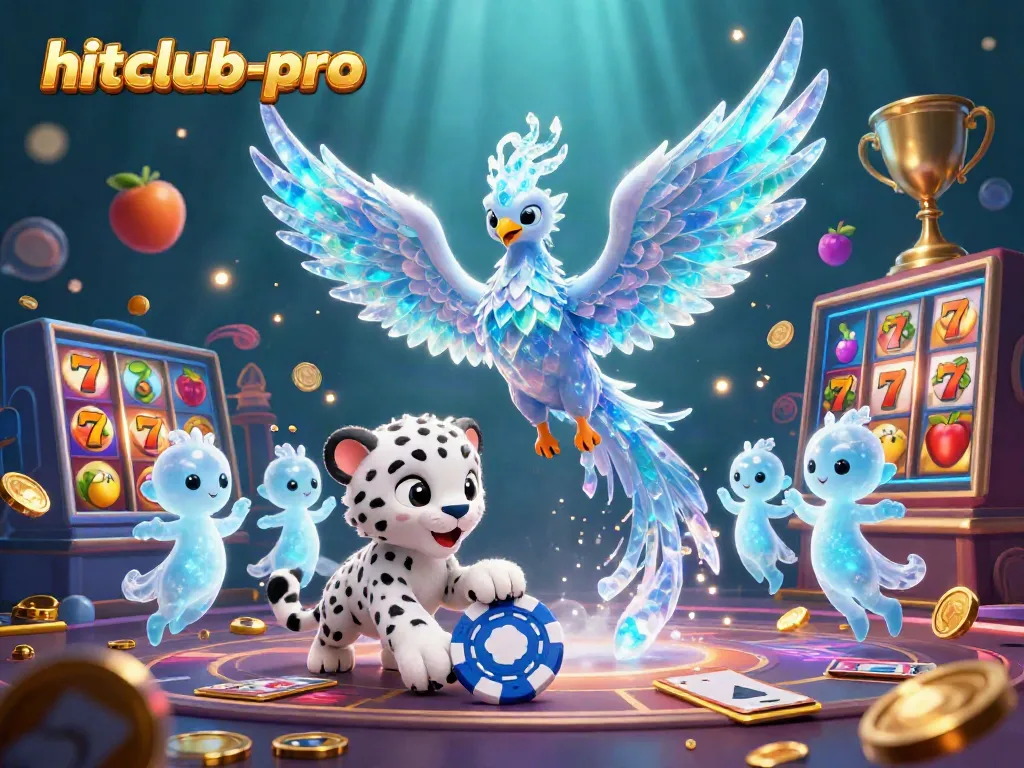 Engage with hitclub-pro in an ultra-detailed casino scene featuring an ice phoenix, playful cub, and abundant casino elements.