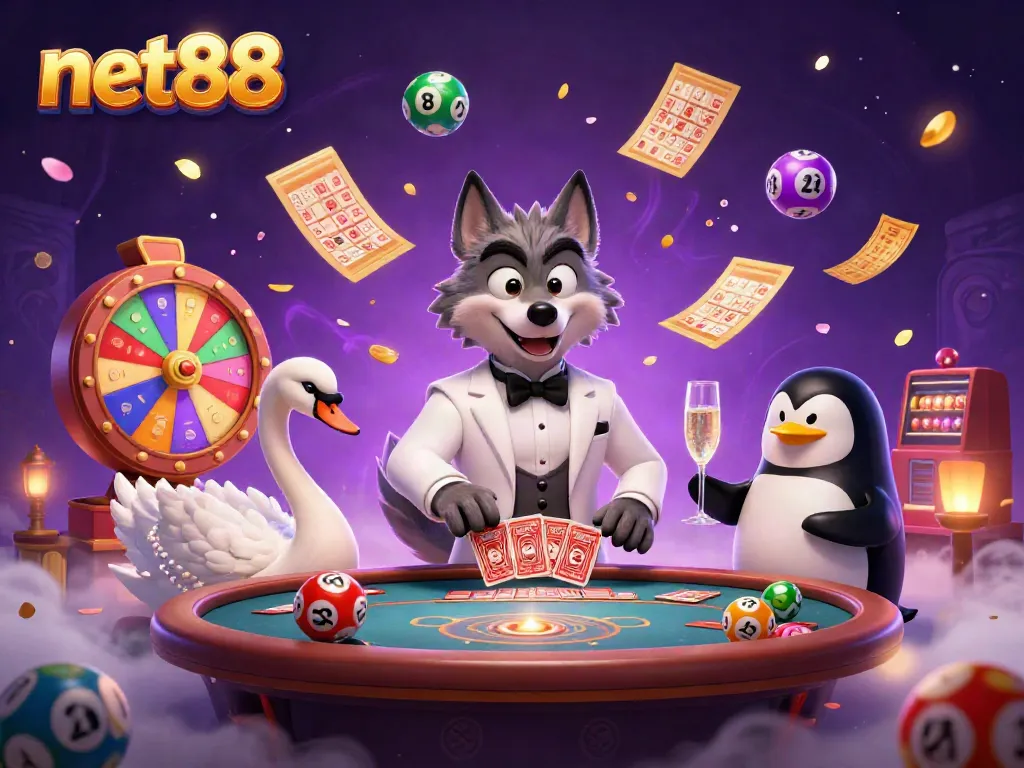 Engage in thrilling gameplay at net88 with a lively casino scene featuring a debonair wolf, elegant swan, and sophisticated penguin.
