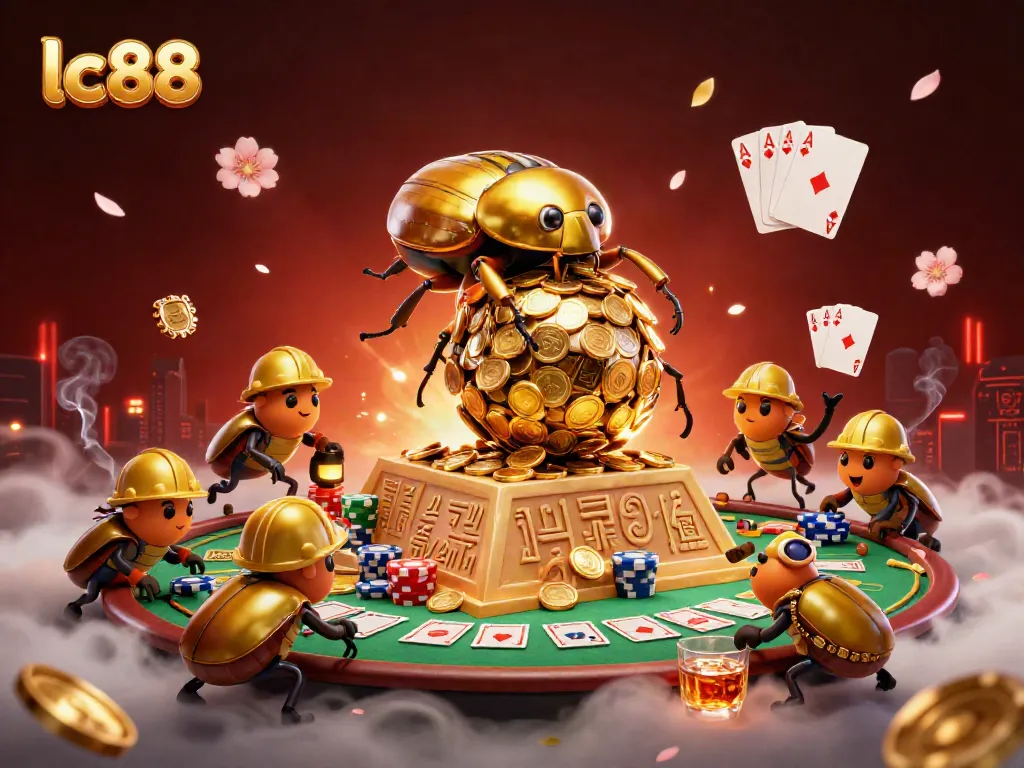 Experience gaming excitement with lc88 - a golden beetle amidst poker elements and casino symbols.