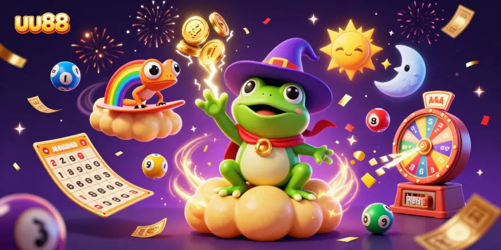 Experience the magic of uu88 gaming with vibrant cartoon characters, coins, and lottery themes.