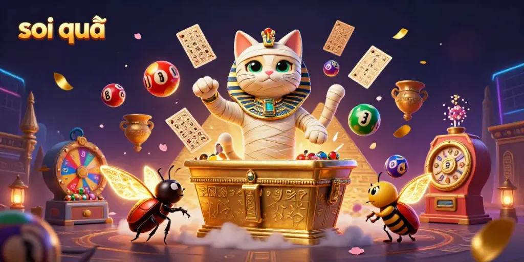 Engaging illustration showing the "soi cầu" theme with a mummy cat and dynamic lottery elements in a rich casino setting.