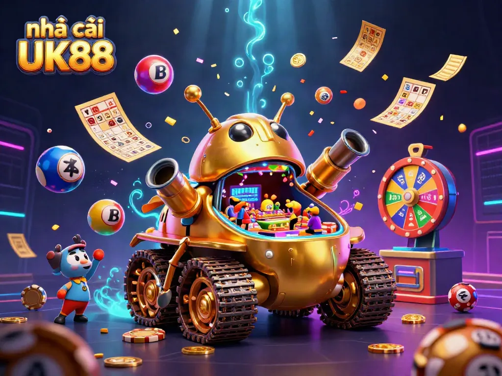 Experience the vibrant world of nhà cái UK88 with confetti and casino excitement in a unique illustration.