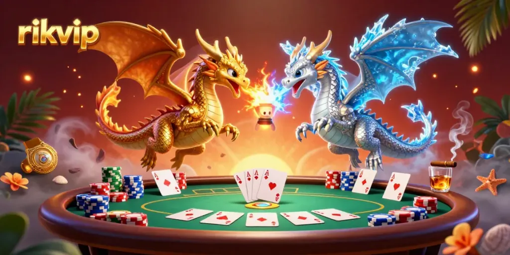 Engage with rikvip's thrilling gaming atmosphere, featuring dynamic dragons and poker elements.