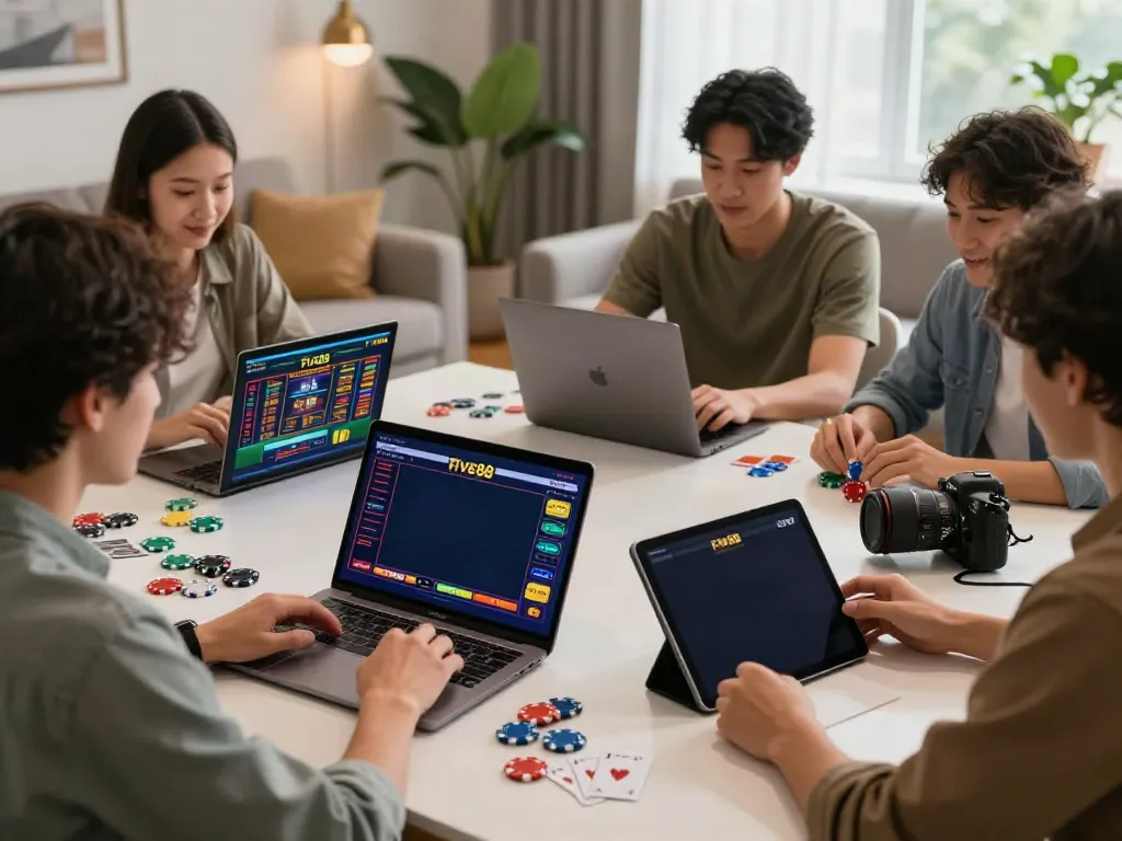 Friends enjoying five88 online gambling together in a cozy living room.