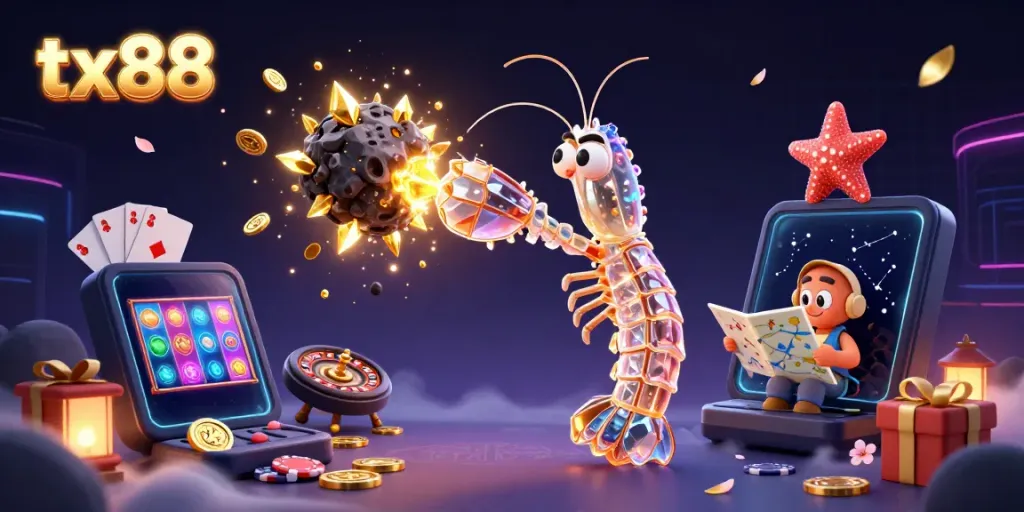 Experience thrilling gameplay with tx88 as a galactic samurai mantis shrimp punches through golden asteroids in an exhilarating cosmic scene.