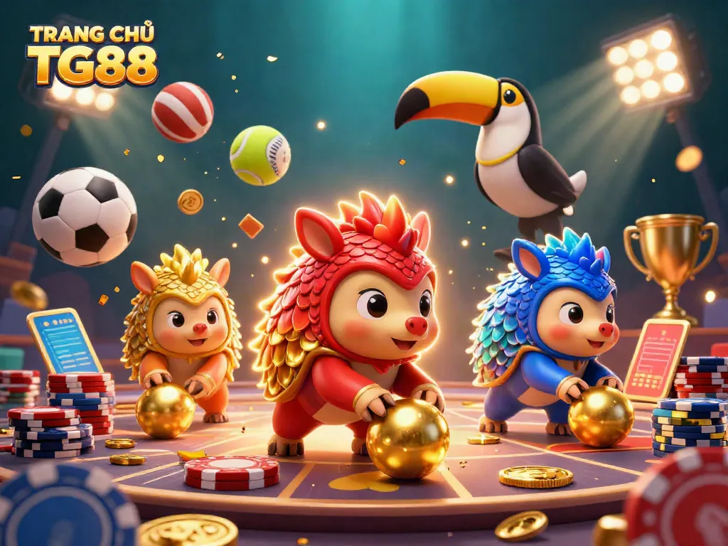 Engage in thrilling gameplay at TRANG CHỦ TG88 with competitive pangolin mascots bowling through poker chips.