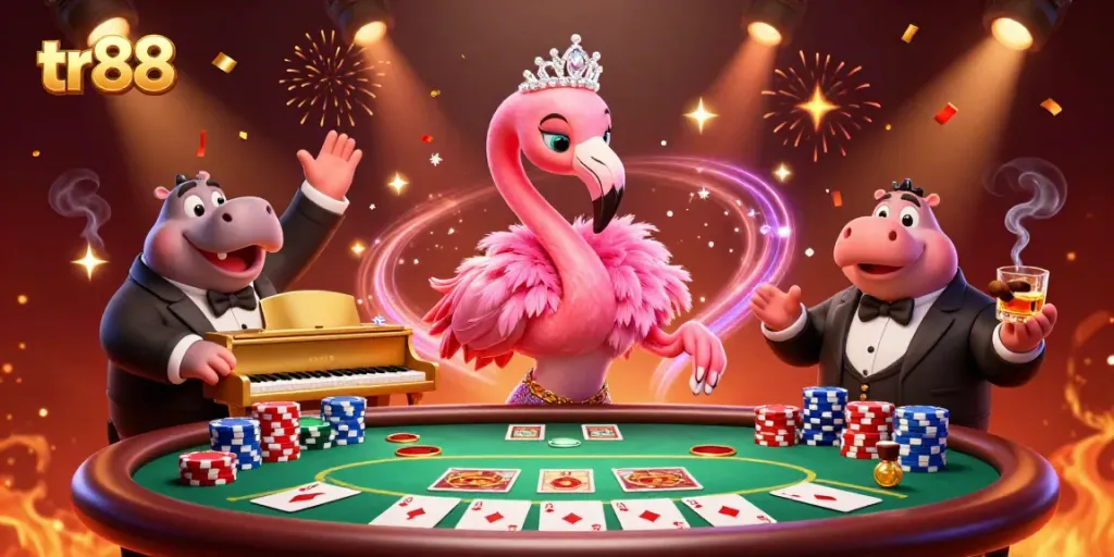 Experience thrilling moments at tr88 with vibrant casino ambiance, featuring cartoon characters and poker game elements.