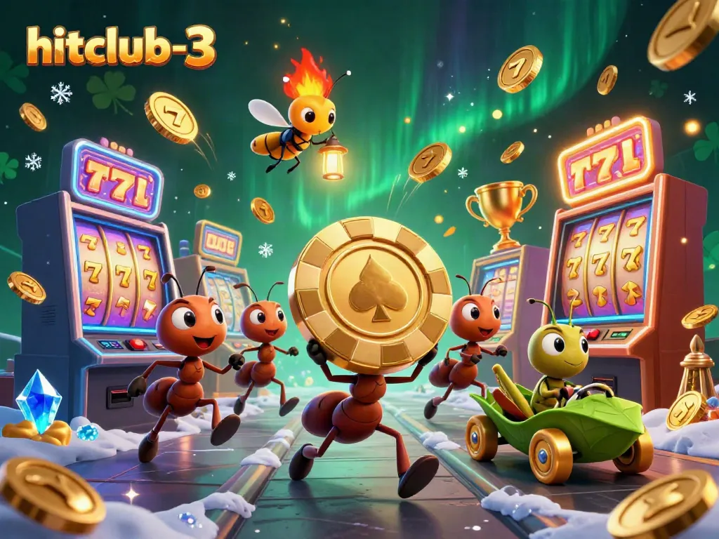 Join the hitclub-3 heist as ants carry a giant poker chip, surrounded by a lively casino scene.