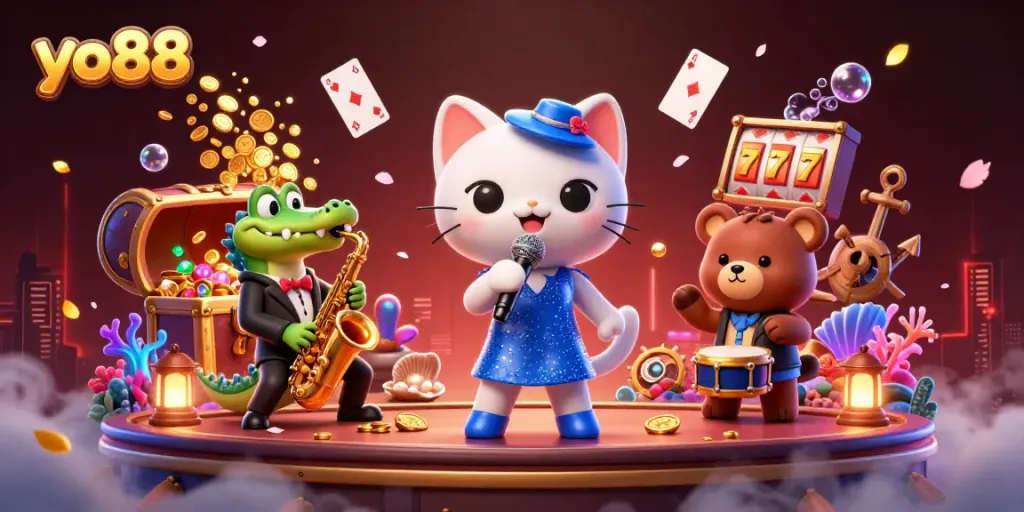 yo88 captivates players with a vibrant casino scene featuring colorful characters and dynamic game elements