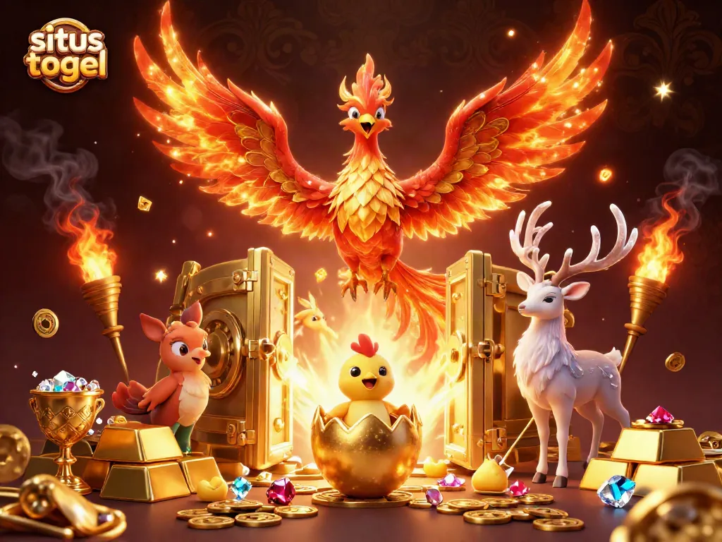 Experience the thrill of winning with situs togel's vibrant 3D scene of phoenixes and treasures.