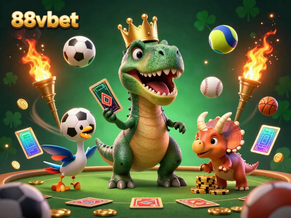 Engaging sports betting scene with 88vbet theme featuring a friendly T-Rex, pterodactyl, and triceratops in action.