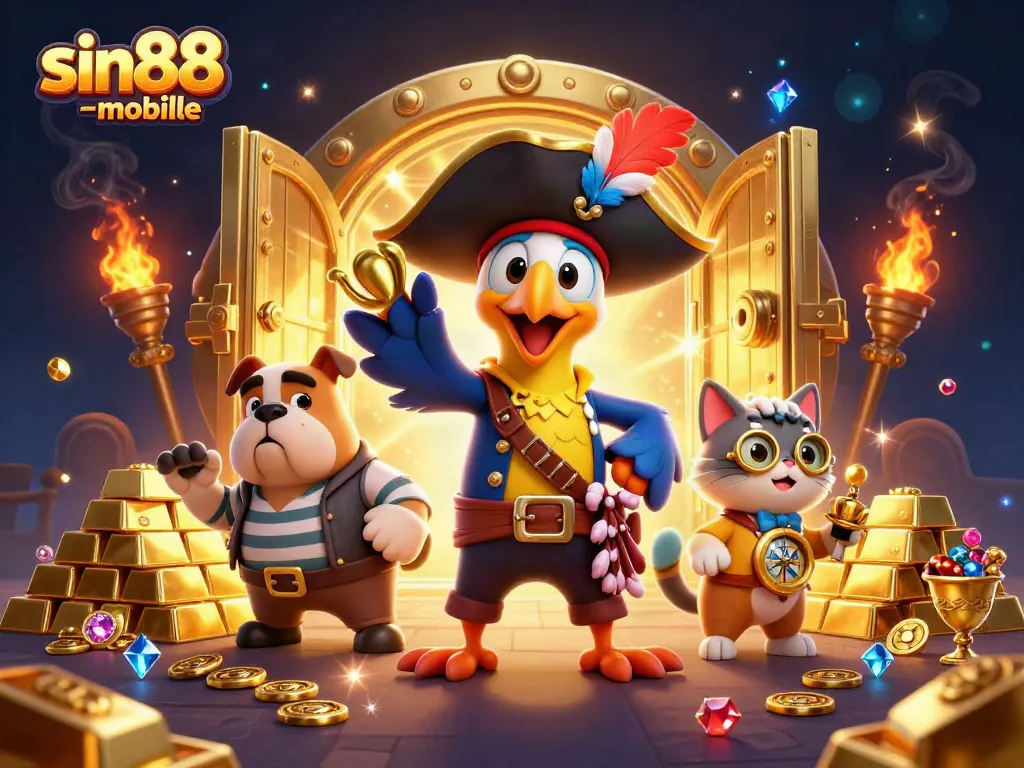 Experience the excitement with sin88-mobile as the pirate captain navigates through riches in a vibrant casino scene.