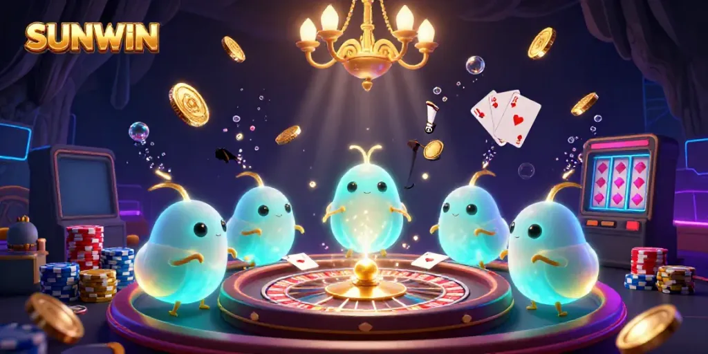 Light up your gaming experience with SUNWIN's vibrant cartoon casino scene featuring glowworms and a bat dealer.