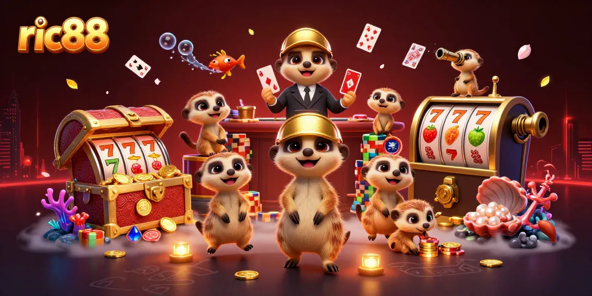 Experience the thrill of ric88 casino gaming with a dynamic meerkat casino scene filled with slots and treasures.