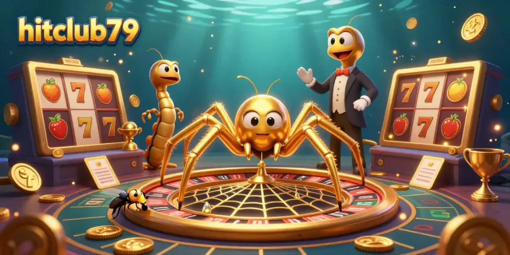 Fly nervously betting at hitclub79's roulette web while a golden spider and centipede croupier spin to win.