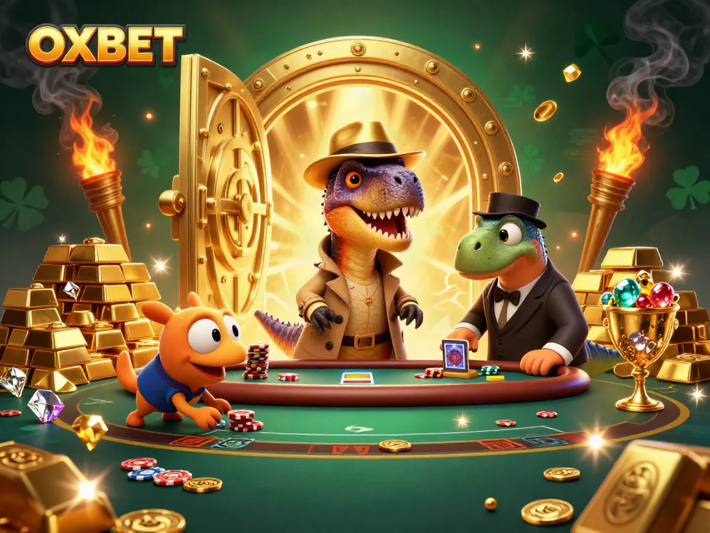 Experience the thrill of OXBET with a daring cartoon velociraptor at a blackjack table.