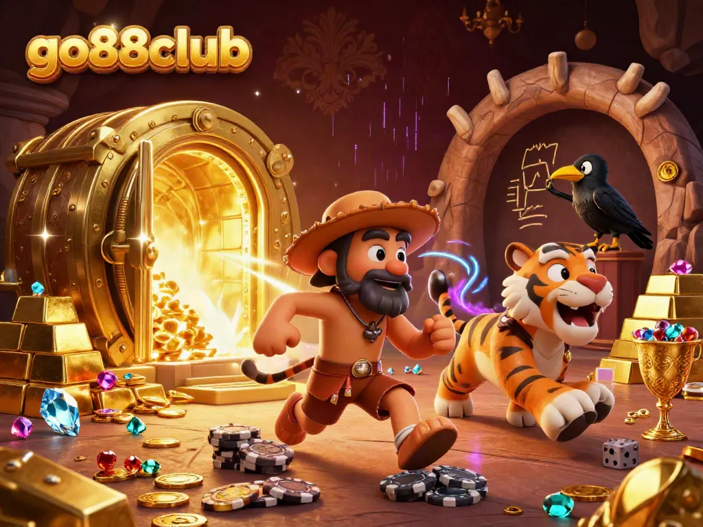 Experience the excitement of go88club with a vibrant 3D casino scene featuring unique characters and dazzling treasures.