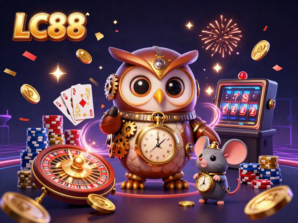 Engage with LC88's vibrant casino world, featuring a time-traveler owl and dynamic game elements.