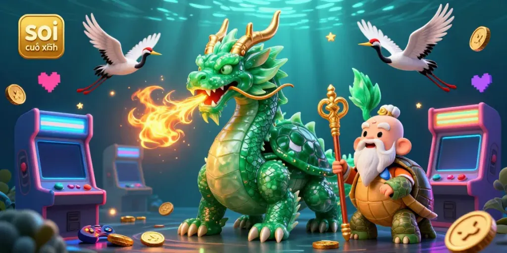 Engaging illustration of soi cầu xổ số showcasing a jade dragon, turtle sage, and lucky cranes amid vibrant gaming elements.
