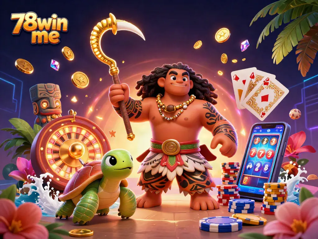 Experience thrilling casino action with 78win me in this vibrant 3D illustration showcasing games and fun.