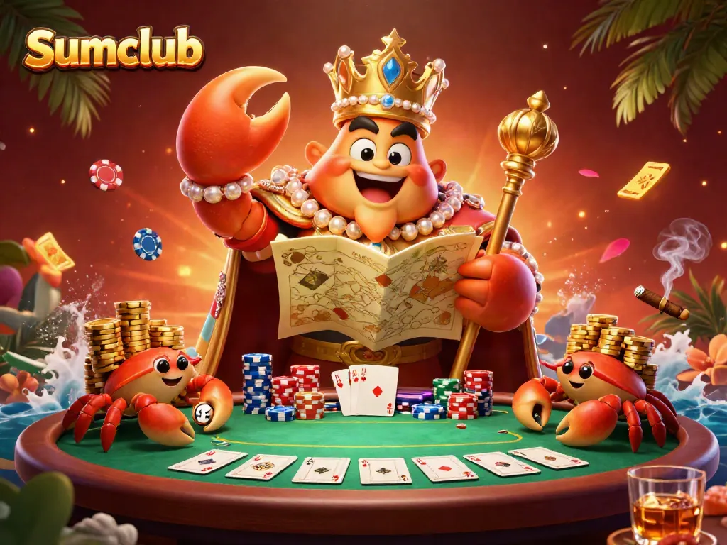 Engage in thrilling poker action at Sumclub with a majestic golden crab emperor overseeing the scene.