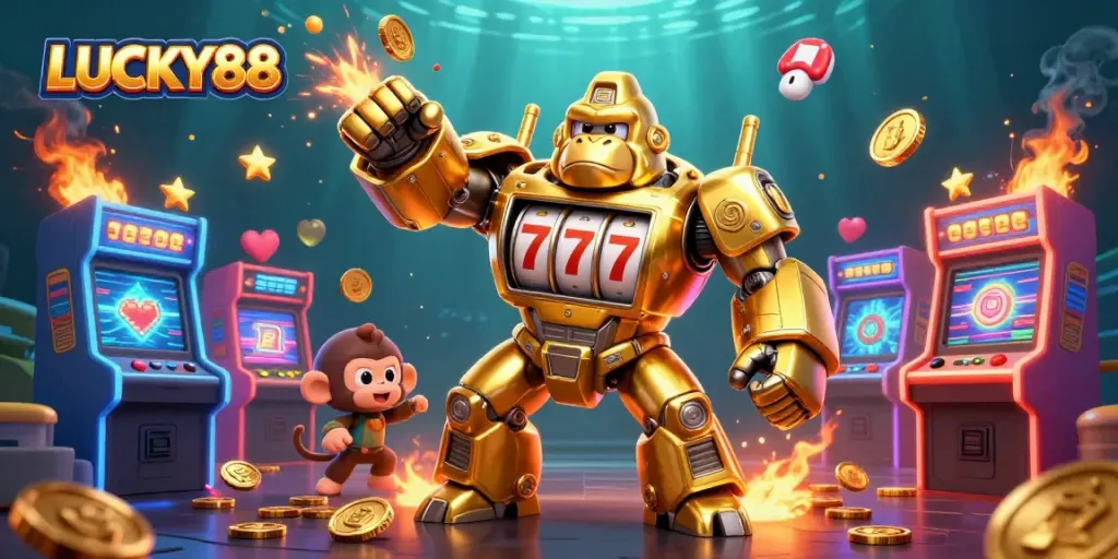 Engage with LUCKY88’s exciting gaming world featuring a golden gorilla mech and vibrant arcade elements.