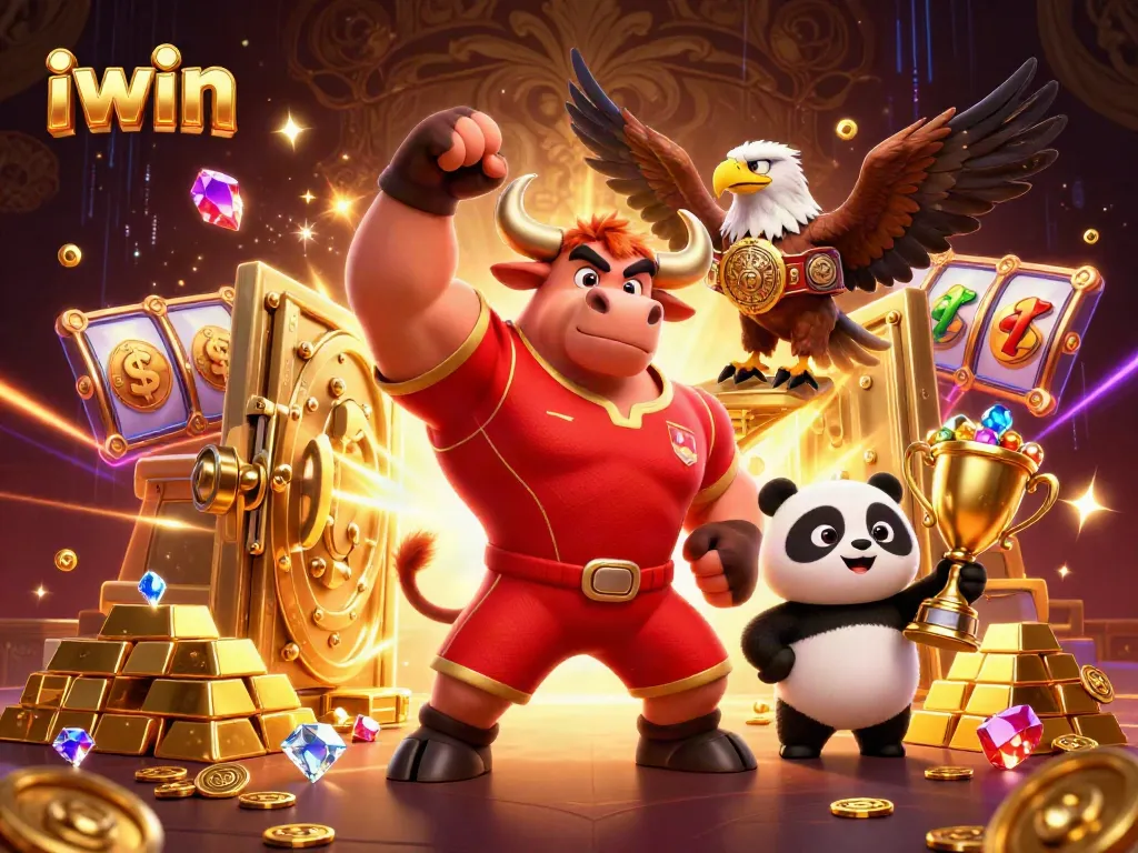 Win big at iwin with 3D characters celebrating around jackpot symbols and treasures.