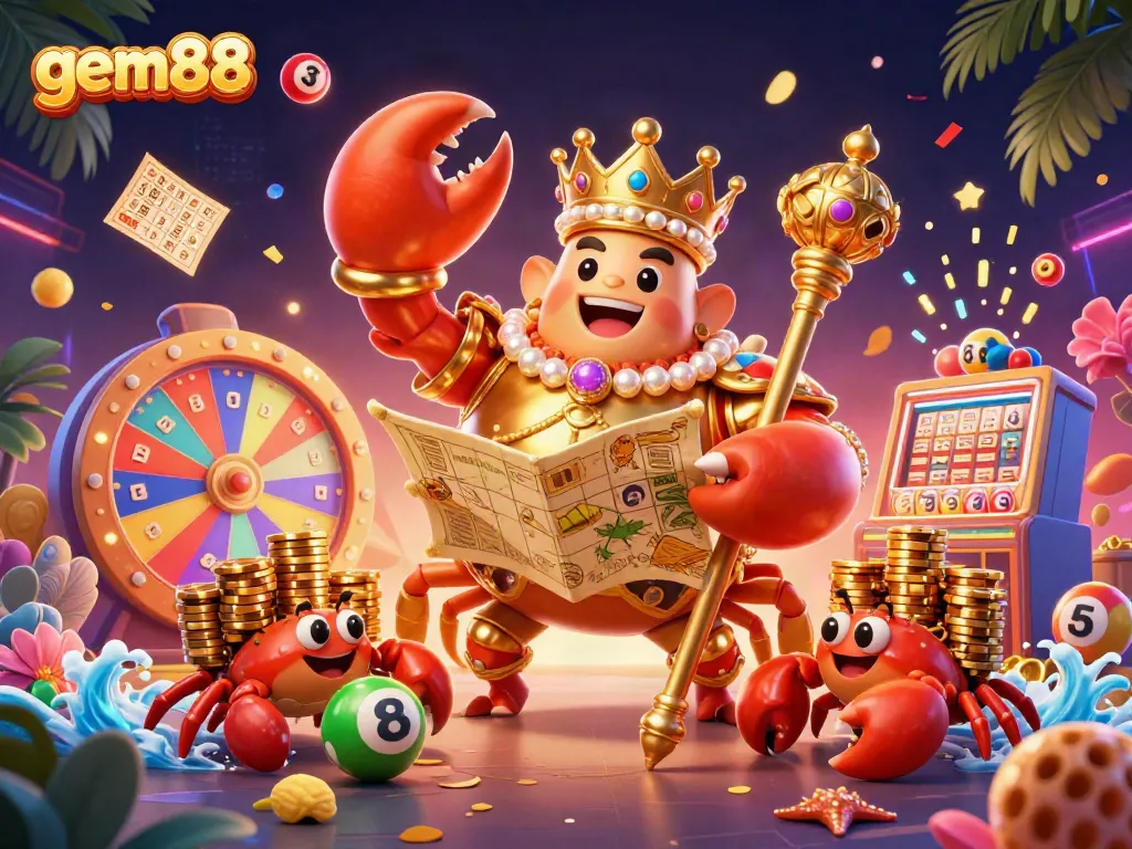 Experience the excitement of gem88 with a dynamic illustration of a golden crab emperor surrounded by casino elements.