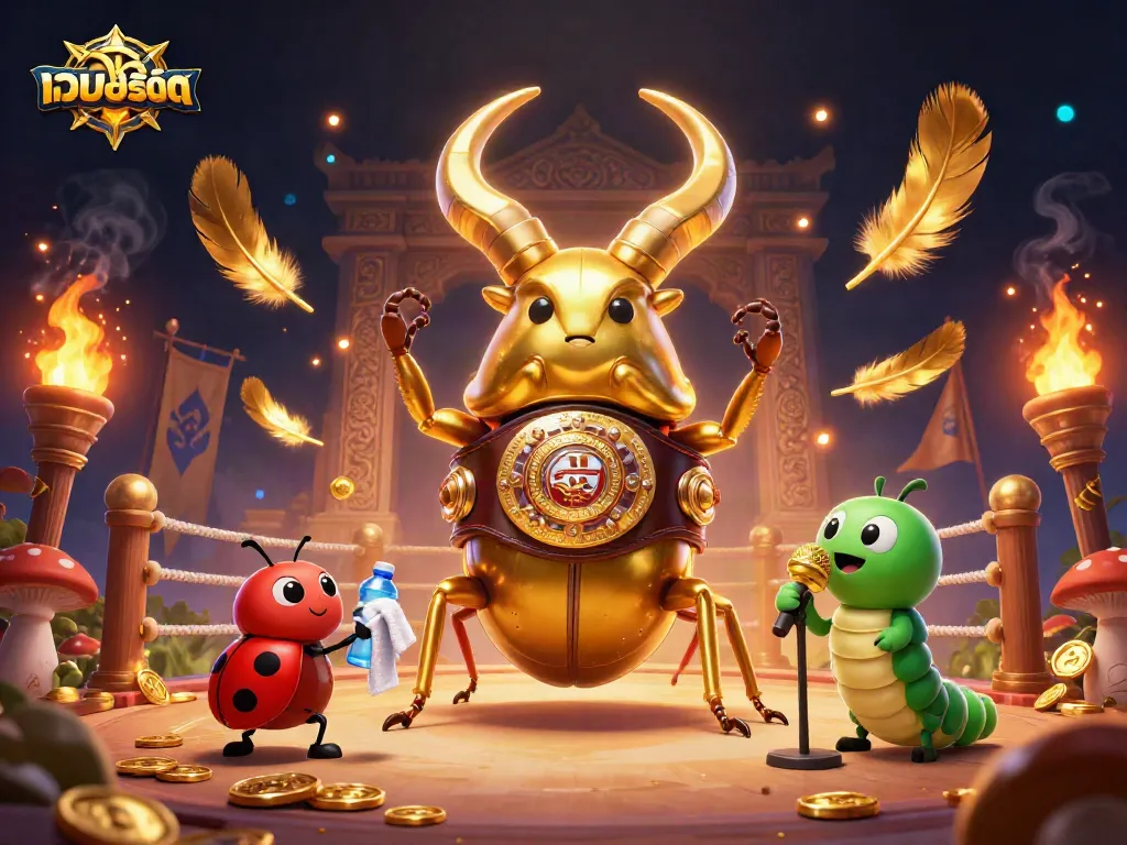 Explore เว็บสล็อต with a vibrant 3D scene featuring a boxing champion beetle and casino elements.