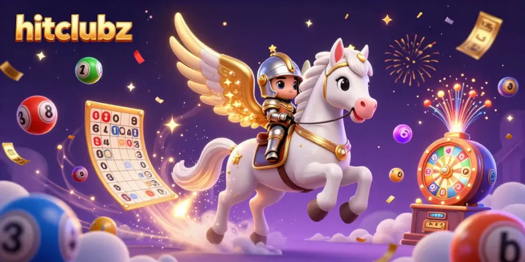 Experience the thrill of hitclubz as a celestial knight rides through a vibrant lottery scene with dynamic elements.