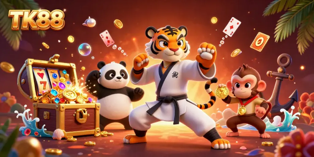 Experience excitement at TK88 with a vibrant scene filled with fun casino elements, action, and adventure.