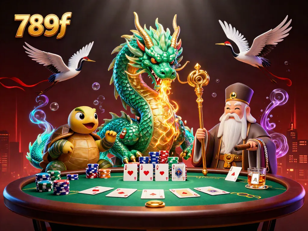 Engage in thrilling poker battles with 789f's vibrant digital casino illustration featuring a jade dragon and poker elements.