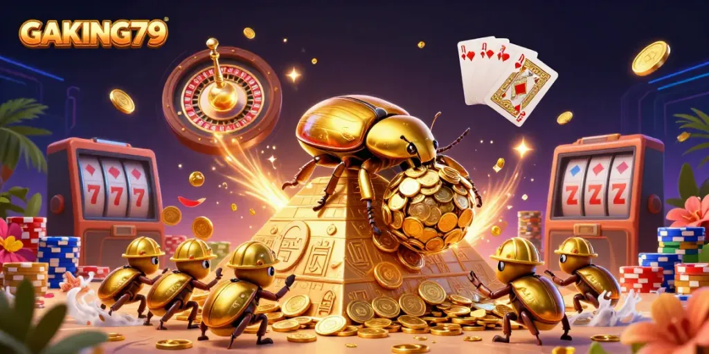 Experience thrilling gameplay with GAKING79's golden beetle illustration amidst casino elements like coins, cards, and chips.