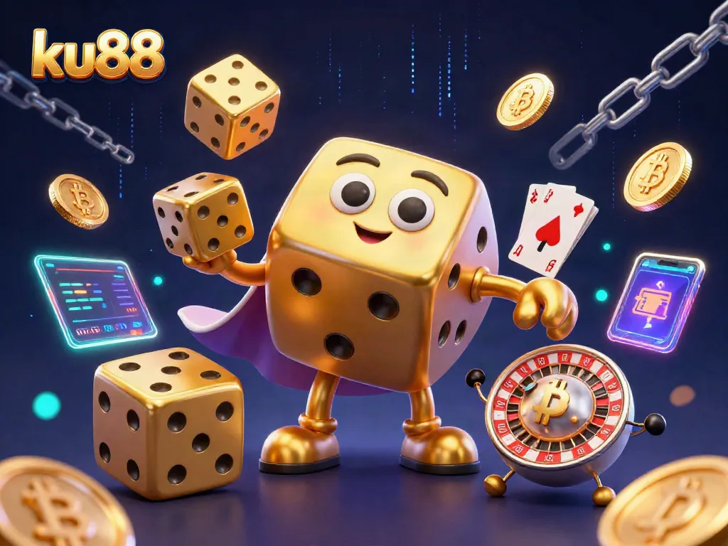 Experience the excitement of ku88 with a dynamic 3D casino scene featuring a golden dice golem.
