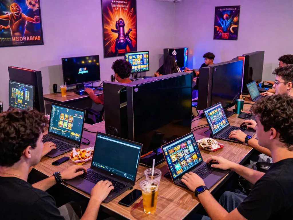 Exciting gaming lounge showcasing friends engaging on situs gacor platforms with diverse devices.