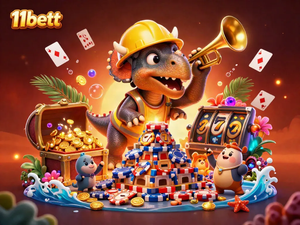 11bett showcases exciting gaming with animated dinosaurs building poker chip pyramids in a vibrant casino