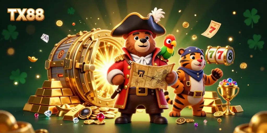 Win big with TX88 in this vibrant casino-themed illustration, featuring playful characters and treasure.