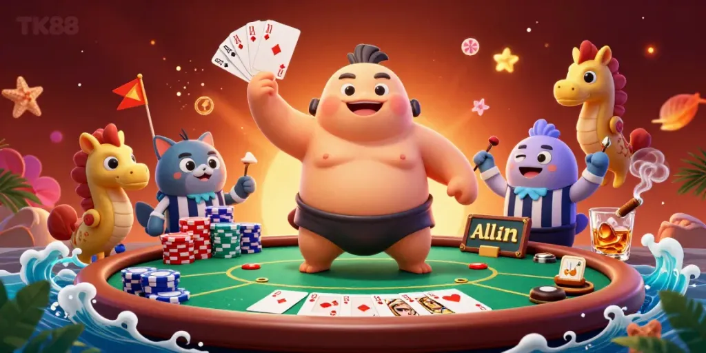 Experience the excitement at TK88 with a dynamic underwater scene featuring a blowfish, referee, and casino elements.