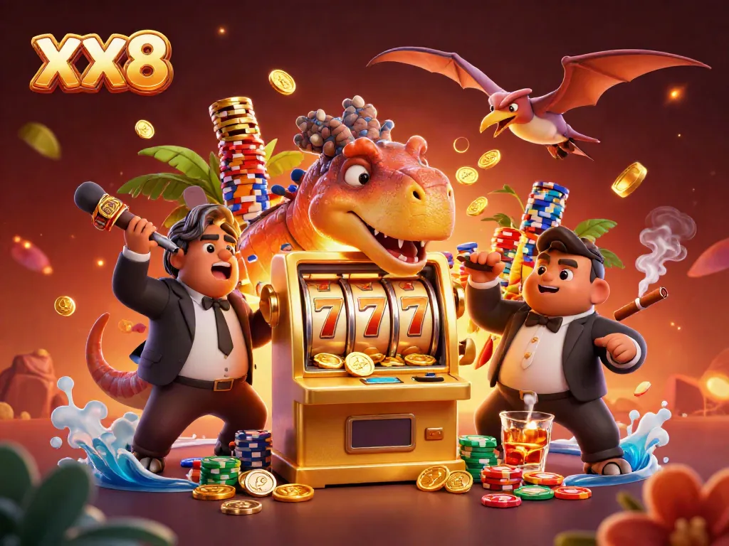 Catch the jackpot with XX8 in this vibrant 3D casino scene featuring unique characters.