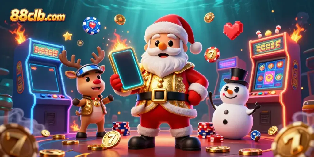 Spin to win at 88clb-com, featuring a colorful casino scene with Santa, a dealer reindeer, and a poker chip snowman.